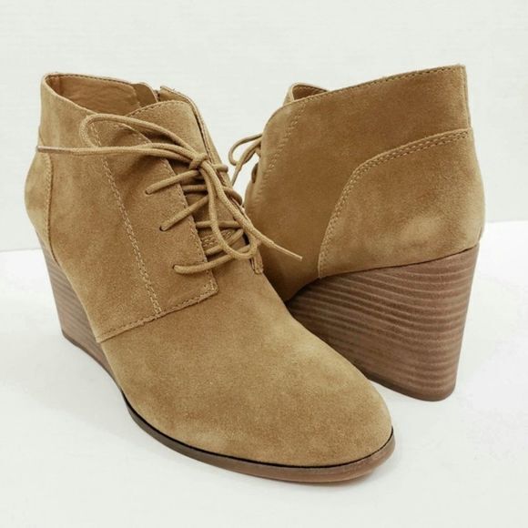 Lucky Brand Shylow Sz‎ 9.5M Brown Ankle Booties Lace Wedge Womens Zip Casual New - Picture 1 of 8